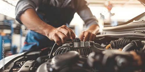 Mechanic fixing car engine in garage symbolizing auto service and maintenance. Concept Auto Repair, Mechanic, Car Maintenance, Garage, Vehicle Service