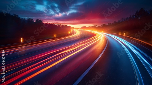 A dynamic and high speed abstract background of city highway with light trails at night. AI Image Generative photo