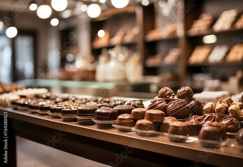 Blurred image of a gourmet chocolate shop, generative AI