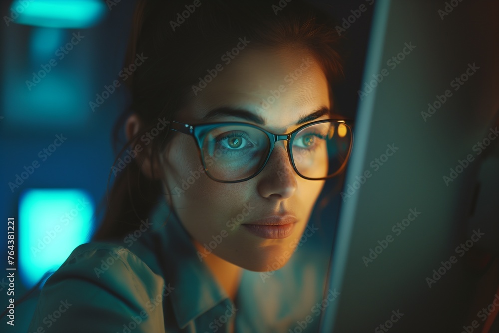 Woman working on a computer looking at a monitor Woman working on a computer looking at a monitor