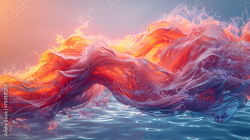 Vivid abstract wave forms with dynamic motion and splashes on tranquil waters during twilight