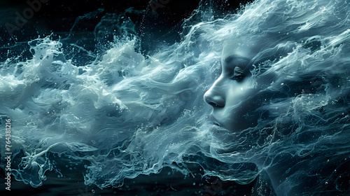 Surreal portrait of a woman's visage composed of water, with detailed splashes shaping her features photo