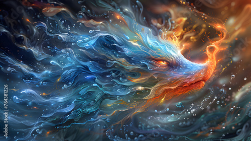 Fantastical beast formed by vibrant aquatic elements with fire-like orange accents in a dynamic flow