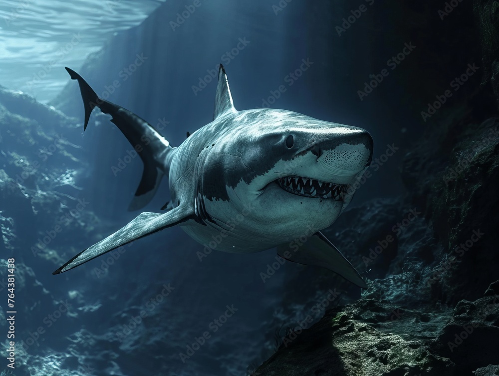 Fototapeta premium A great white shark swims in the ocean depths, exuding the raw power and beauty of marine life in its natural habitat.