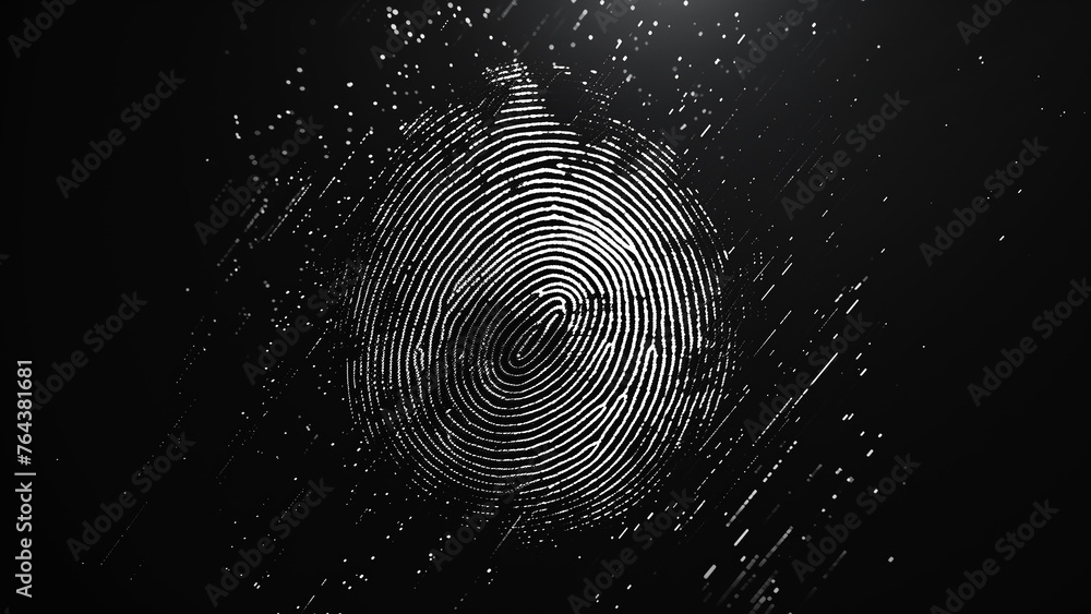 Glowing fingerprint on a black background. Concept of modern technology and personal identification. - obrazy, fototapety, plakaty 