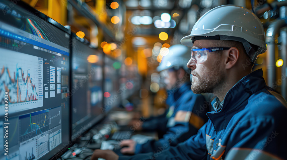 Engineer team sits in front of a computer screen showing graphs related to energy production. Inside a nuclear power plant. Engineer team sits in front of a computer screen showing graphs related to energy production. Inside a nuclear power plant.