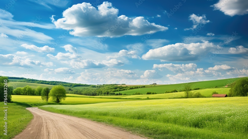 A beautiful landscape unfolds with a road winding through fields under a blue sky adorned with fluffy clouds. Ai Generated. A beautiful landscape unfolds with a road winding through fields under a blue sky adorned with fluffy clouds. Ai Generated.