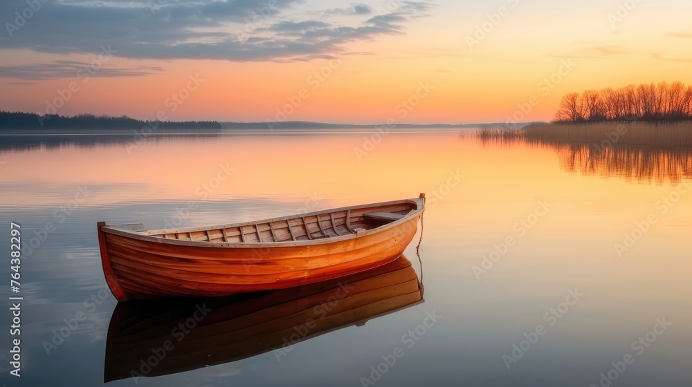 A lonely wooden boat floats on a lake, its reflection mirrored in the calm waters, Ai Generated.
