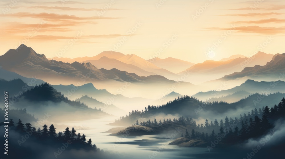 Majestic mountains bathed in the warm glow of sunset are enveloped in a mystical fog, Ai Generated