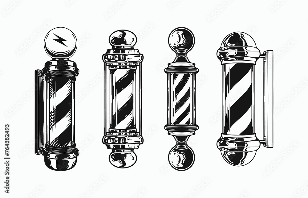 Set of vintage monochrome barber light pole. Vector logo design concept. Black and white color - obrazy, fototapety, plakaty 