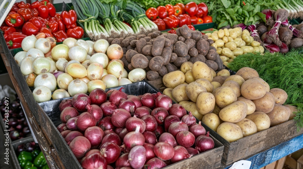 A variety of fresh vegetables including potatoes, beets, onions, garlic, and dill.