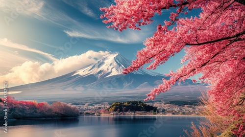 Iconic Mount Fuji surrounded by pink trees creates a stunning travel destination, Ai Generated © Crazy Juke