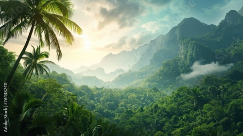 Palm trees sway atop a hill with towering mountains and a surrounding mountain range, Ai Generated