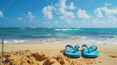 A pair of flip-flops stands in the sand at the beach, with the vast ocean creating a serene backdrop. Ai Generated