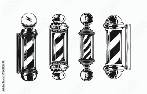 Set of vintage monochrome barber light pole. Vector logo design concept. Black and white color