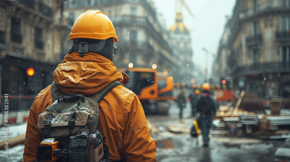 A man in a yellow jacket and a yellow helmet is walking down a street A man in a yellow jacket and a yellow helmet is walking down a street