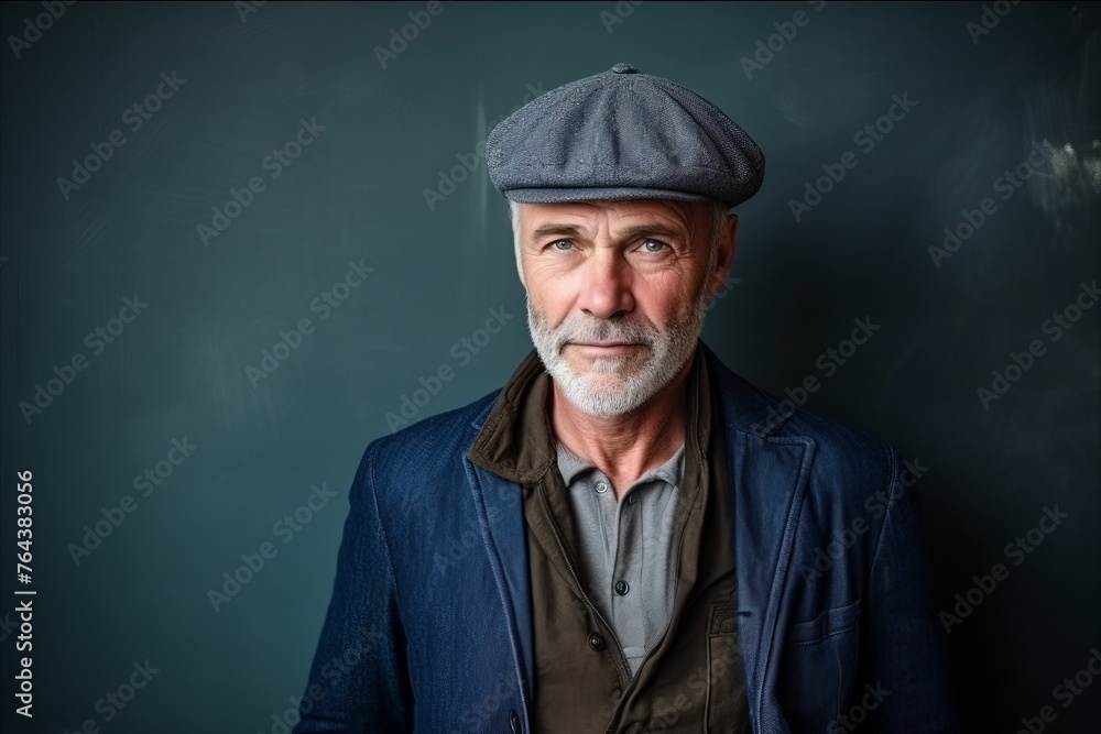 Portrait of a senior man with grey beard and cap against a chalkboard Portrait of a senior man with grey beard and cap against a chalkboard