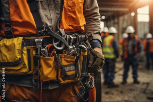 Construction workers use fall arrest equipment with building safety belt hook