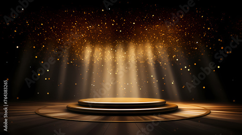 Empty stage with golden lights and spotlights photo