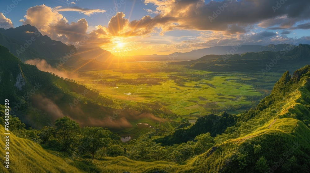 Enthusiastic sunrise bathes green valley in golden light, Ai Generated. Enthusiastic sunrise bathes green valley in golden light, Ai Generated.