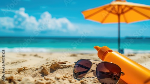 Sand, sea, and summer essentials, sunglasses, sunscreen, Ai Generated