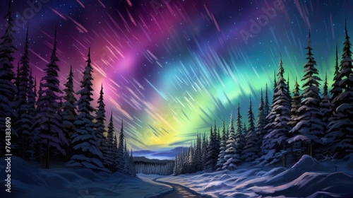 Winter aurora paints a mesmerizing spectrum of colors across the night sky, Ai Generated.