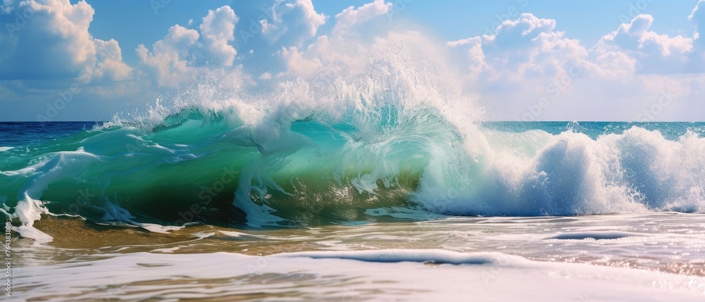 Fototapeta premium Powerful waves gracefully break on the sandy shore, a mesmerizing display of nature's force. Ai Generated