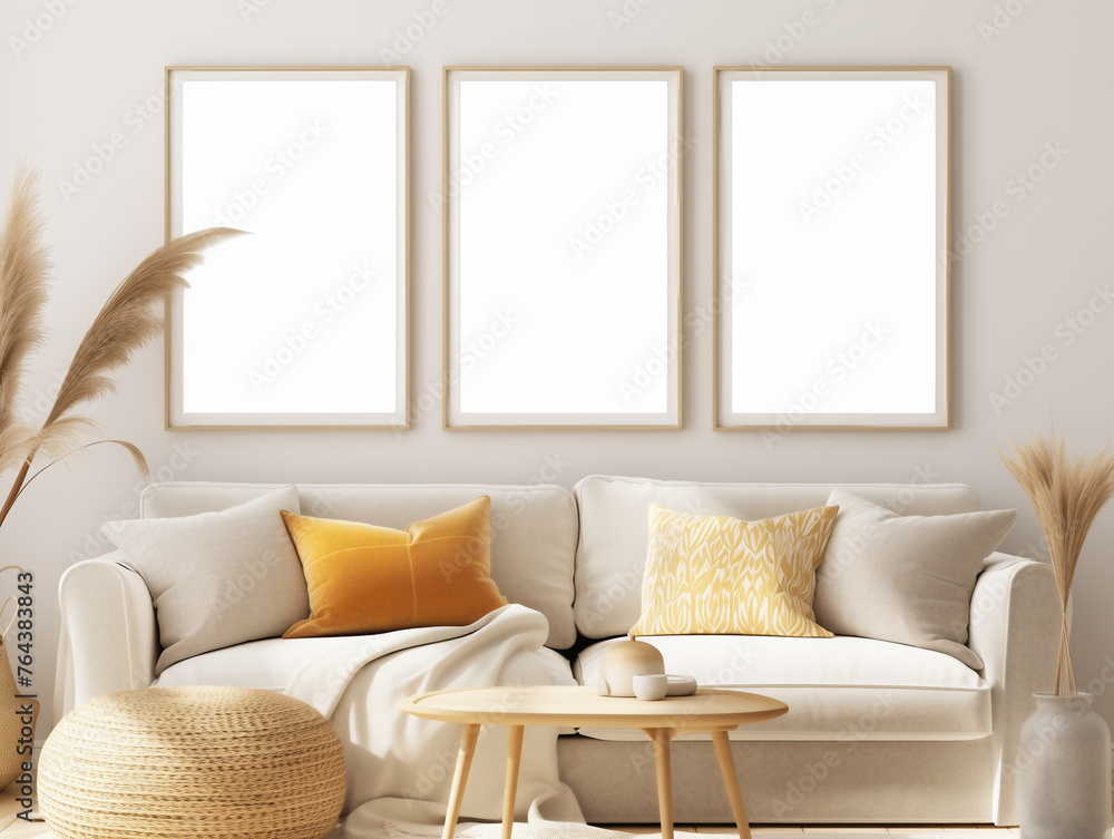 Boho interior with empty banner on the wall Boho interior with empty banner on the wall