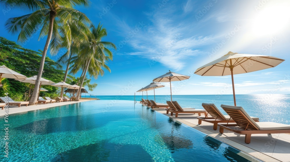 Fototapeta premium Luxurious swimming pool with loungers, umbrellas, palm trees, and sea under a blue sky. Ai Generated