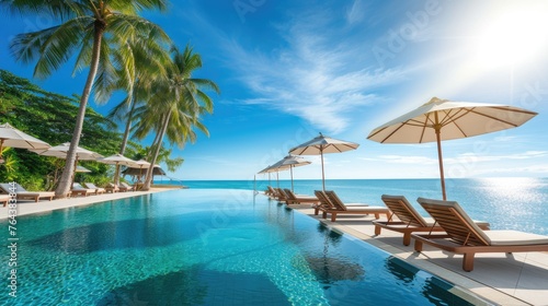 Luxurious swimming pool with loungers  umbrellas  palm trees  and sea under a blue sky. Ai Generated