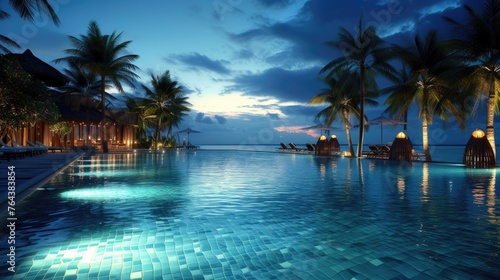 Luxurious tropical resort pool gleams under the night sky  creating a captivating ambiance. Ai Generated