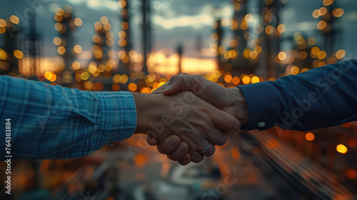 Engineers handshake. handshake oil contract. handshake worker and businessman shaking hands against the backdrop of an oil pump photo