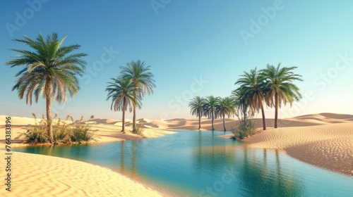 Serene oasis emerges in the desert of sand, offering a peaceful respite amidst arid landscapes. Ai Generated