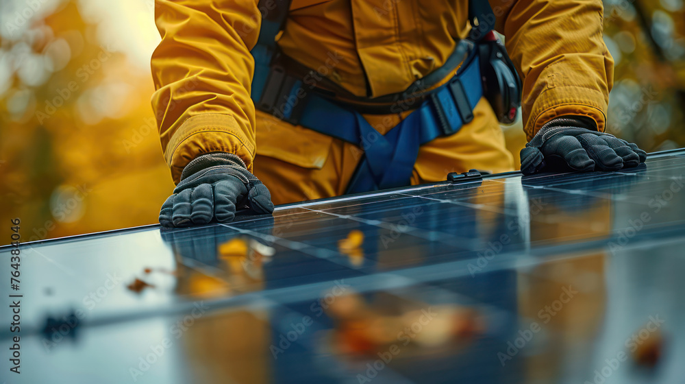 A man in a yellow jacket is working on a solar panel A man in a yellow jacket is working on a solar panel