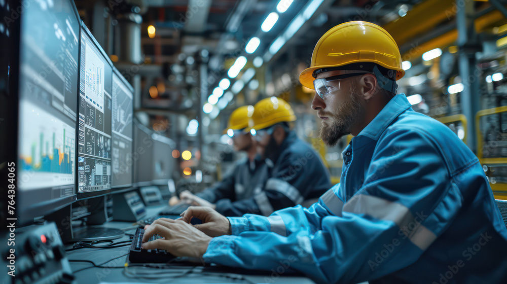 Engineer team sits in front of a computer screen showing graphs related to energy production. Inside a nuclear power plant. Engineer team sits in front of a computer screen showing graphs related to energy production. Inside a nuclear power plant.