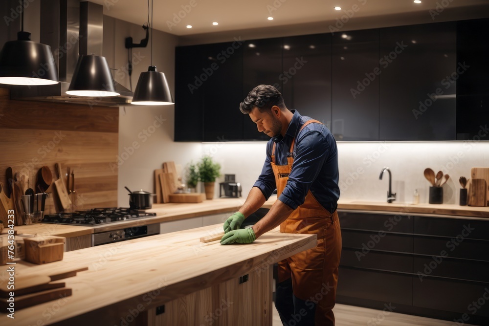 Male carpenter worker installing new modern kitchen Male carpenter worker installing new modern kitchen