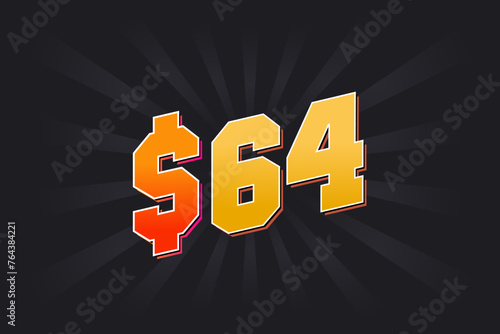 64 Dollar American Money vector text symbol. $64 USD United States Dollar stock vector