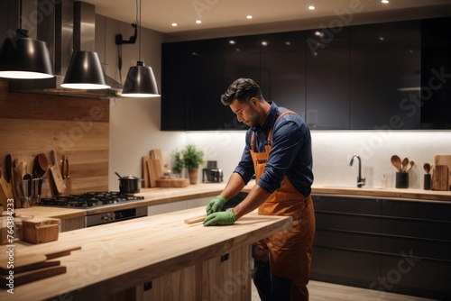 Male carpenter worker installing new modern kitchen