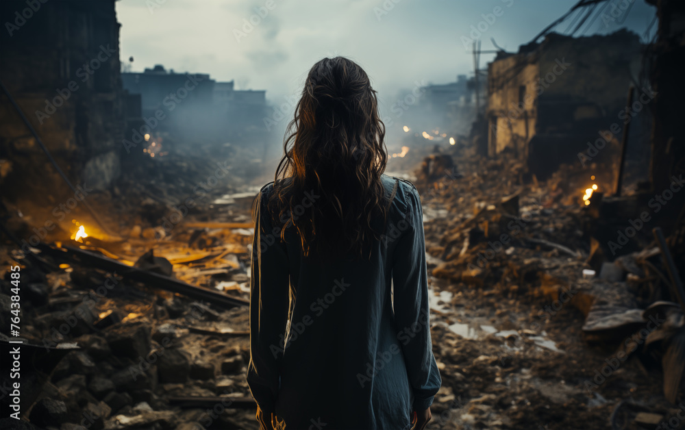 A girl standing tall in the ruins (can be used in many ways, such as environmental protection, anti-war, anti-epidemic, etc.)