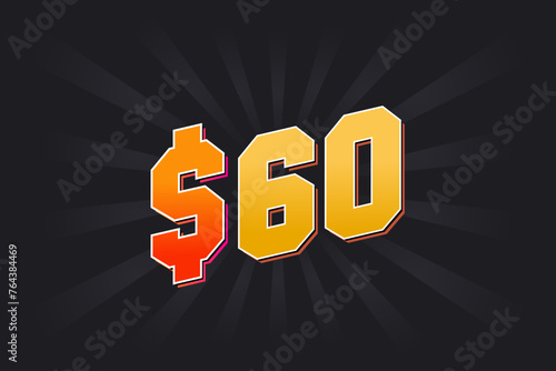 60 Dollar American Money vector text symbol. $60 USD United States Dollar stock vector