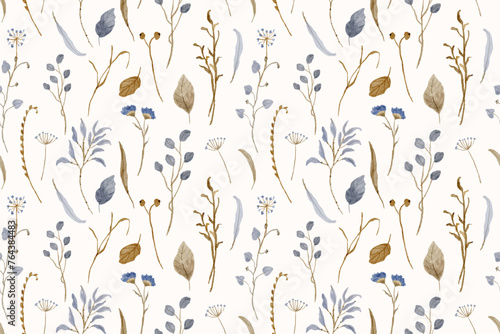 blue brown wildflower watercolor seamless pattern