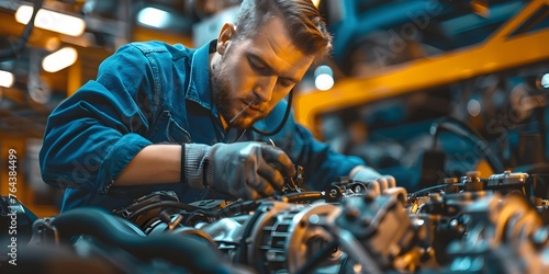 Skilled Mechanic in Blue Jumpsuit Expertly Repairs Intricate Car Engine in Well-Lit Workshop. Concept Car Maintenance, Mechanic Expertise, Workshop Environment, Engine Repair, Skilled Professional
