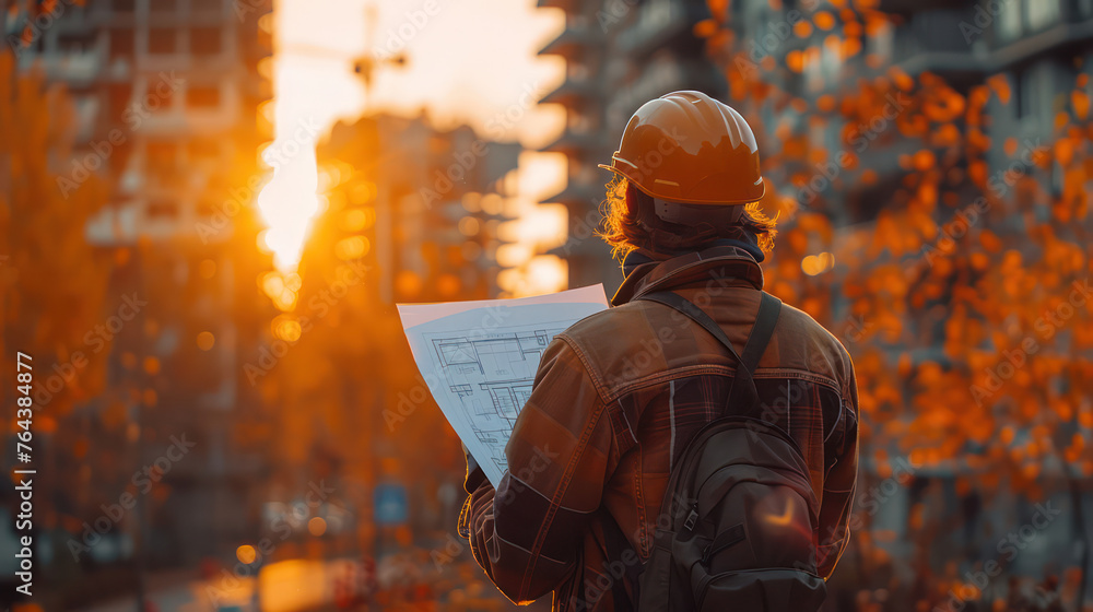 A man wearing a hard hat is looking at a blueprint while standing in front of a building. Concept of focus and determination as the man studies the plans. The setting, with the sun in the background