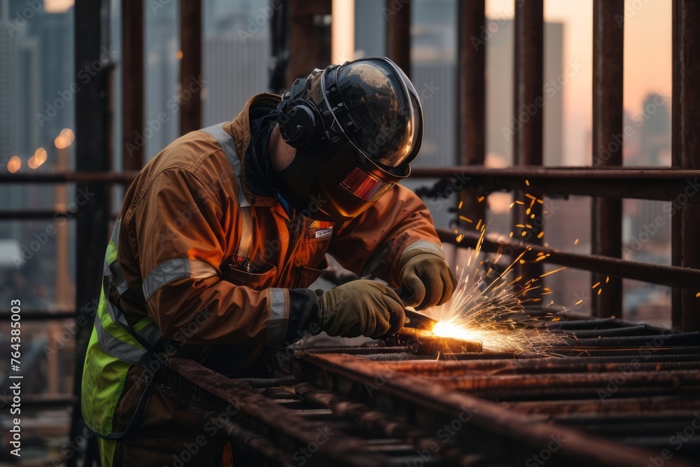 Construction worker welding steel beams on high-rise building under construction in safety suit Construction worker welding steel beams on high-rise building under construction in safety suit
