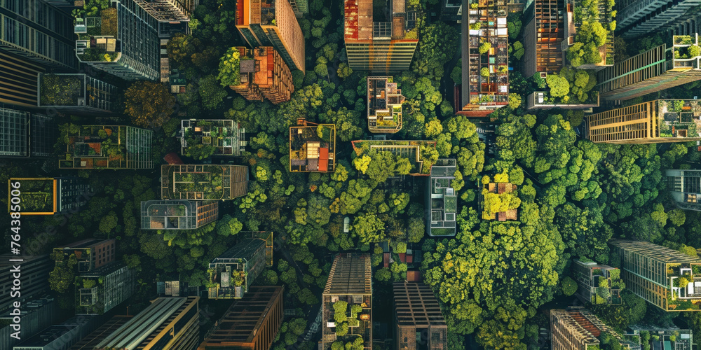 Aerial View of Urban Landscape Blending with Lush Greenery - obrazy, fototapety, plakaty 