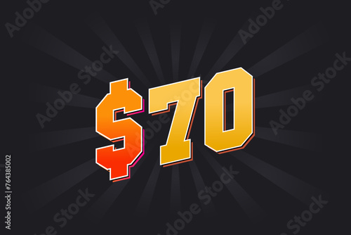 70 Dollar American Money vector text symbol. $70 USD United States Dollar stock vector