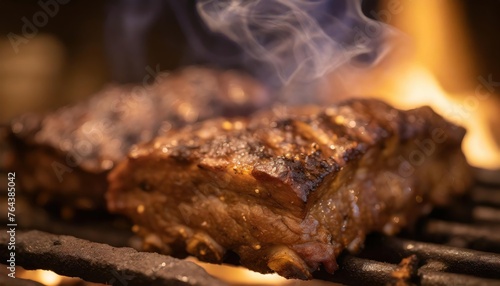 Grilled Steak on Barbecue with Smoke