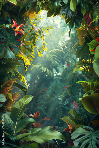 Mystical Vibrant Jungle Scene with Lush Greenery and Exotic Flowers