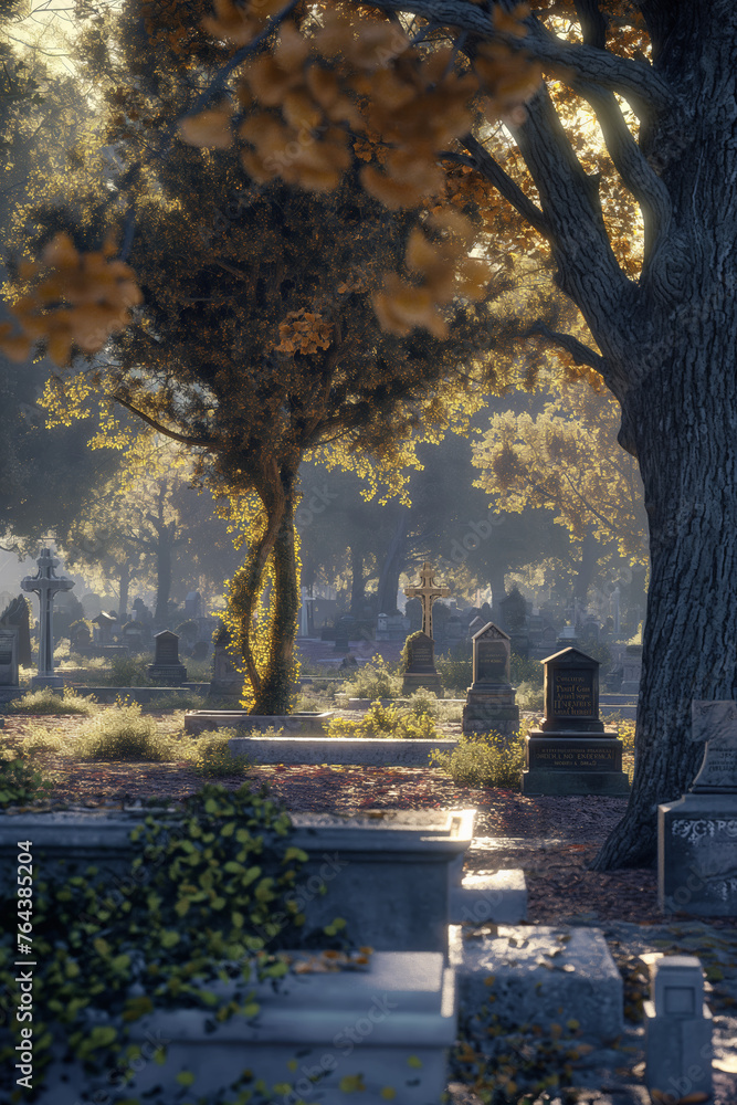 Serene Cemetery Scene Captured in Autumn's Golden Hour Illumination
