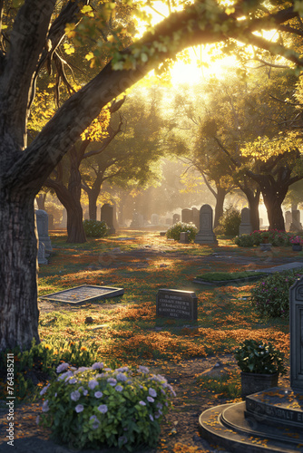 A Tranquil Cemetery Bathed in Golden Sunlight Under Lush Trees